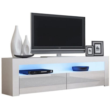 Dusine – Meuble TV Savelli LED blanc mat – Dimensions 157 cm x 50 cm x 35 cm – Mélamine 18 mm et façades laquées – Lumières LED incluses (1/3)