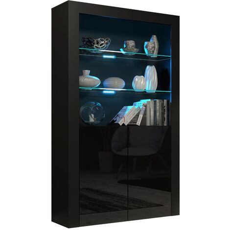 Dusine – Vitrine 90 cm Jive – Portes laquées noires – Lumières LED intégrées – Mélaminé certifié FSC – Dimensions 90x35x170 cm