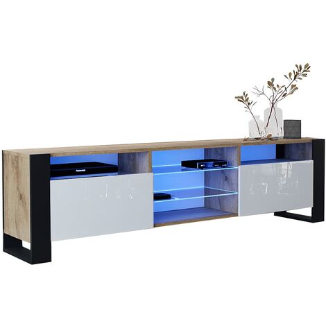Dusine – Meuble TV 200 cm avec lumières LED USB – Chêne mat et blanc laqué – Style industriel – Compartiments de rangement pratiques (1/4)
