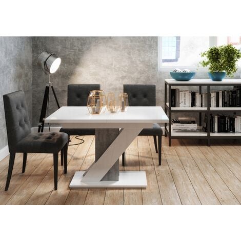 TABLE A MANGER EXTENSIBLE EVAN - BLANC LAQUE ET BETON 120 - 160 CM