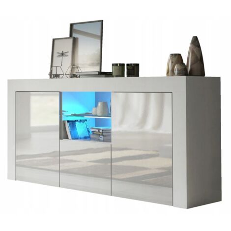 Dusine – Meuble TV haut 145 cm blanc laqué avec éclairage LED – Panneaux mélaminés FSC – Design moderne et épuré – Hauteur 70 cm, largeur 35 cm