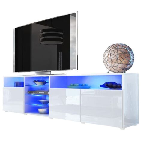 Dusine – Meuble TV Massimo 200 cm – Blanc mat et laqué acrylique – 2 placards et 2 niches – Épaisseur caissons 18 mm – Production européenne