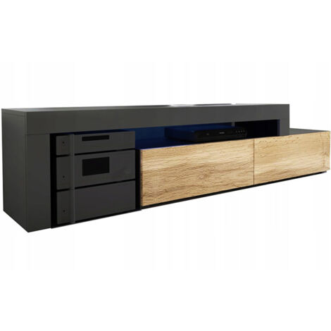 Dusine – Meuble TV extensible noir et bois – Largeur 37 cm – Longueur 148 à 280 cm – Hauteur 45 cm – Lumières LED USB multicolores incluses (1/4)