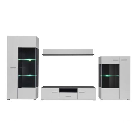 Dusine – Ensemble meuble TV LED Capone 310 cm – Bois foncé et blanc laqué – 2 placards, 1 tiroir, vitrine et étagère – Design contemporain (1/4)