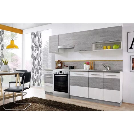 Cuisine LAX finition BETON et blanc mat 7 éléments 240 cm