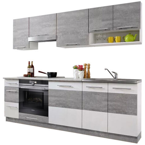 Dusine – Cuisine complète LAX 8 éléments – Longueur 240 cm – Finition béton et blanc mat – Caissons mélaminé certifié FSC – Fabrication européenne (1/2)