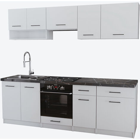 Dusine – Cuisine complète Viki 8 éléments – Finition blanc mat – Longueur 240 cm – Caissons en mélaminé 18 mm – Rangement optimisé