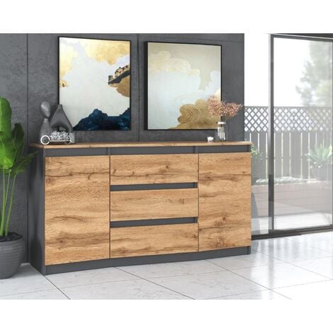 BEA BUFFET 120 CM GRIS ANTHRACITE ET BOIS SCIÉ AVEC 3 TIROIRS