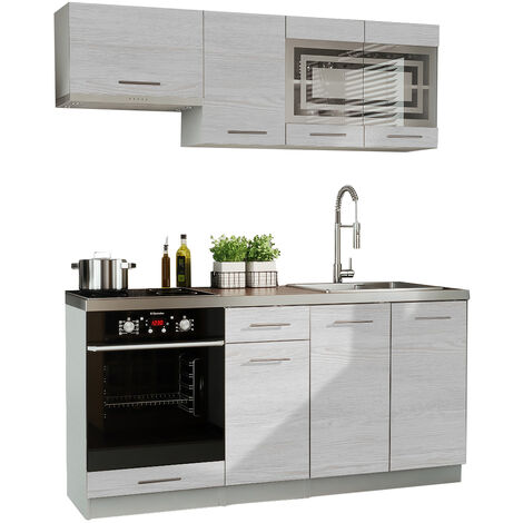 Dusine – Cuisine complète GIOVANNA 6 éléments – Bois blanchi 1m80 – Portes vitrées – Mélaminé certifié FSC – Poignées métalliques lourdes (1/2)