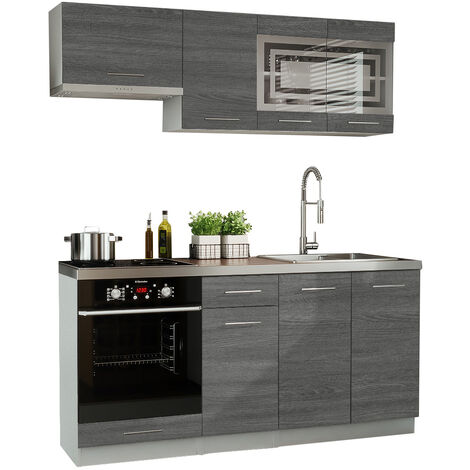 Dusine – Cuisine complète GIOVANNA 6 éléments – Bois grisé 1,80m – 3 meubles hauts et 3 bas – Portes vitrées et four encastrable (1/2)
