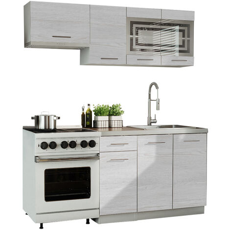 Dusine – Cuisine complète GIOVANNA 5 éléments – Bois blanchi 1,80m – Portes vitrées givrées – Mélaminé certifié FSC – Poignées métalliques lourdes (1/2)