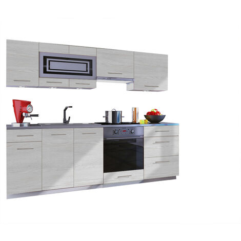 Dusine – Cuisine GIOVANNA 8 éléments – bois blanchi 2m40 – Casserolier avec 3 tiroirs – Éléments hauts et bas pour rangement pratique (1/2)