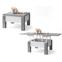 Dusine – Table basse extensible 80-160 cm – Plateau relevable en béton et blanc – Largeur 75 cm – Hauteur réglable 49-76 cm
