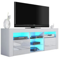 Dusine – Meuble TV JIVE blanc avec éclairage LED – Dimensions 145 cm x 33 cm x 53 cm – 2 portes laquées – Mélaminé certifié FSC