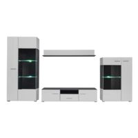 Dusine – Ensemble meuble TV LED Capone 310 cm – Bois foncé et blanc laqué – 2 placards, 1 tiroir, vitrine et étagère – Design contemporain