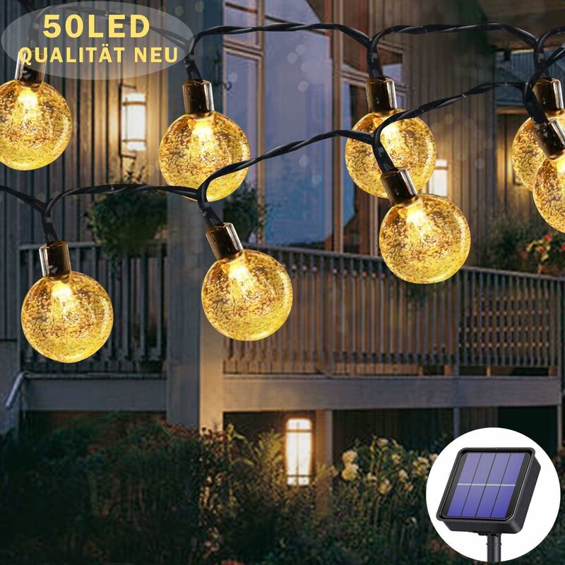 Cadena de luz solar blanca cálida de 50 LED de 7 m para exteriores, 8 modelos solares, resistente al agua, para exteriores / interiores, jardín, árboles, patio, Navidad, boda, fiesta