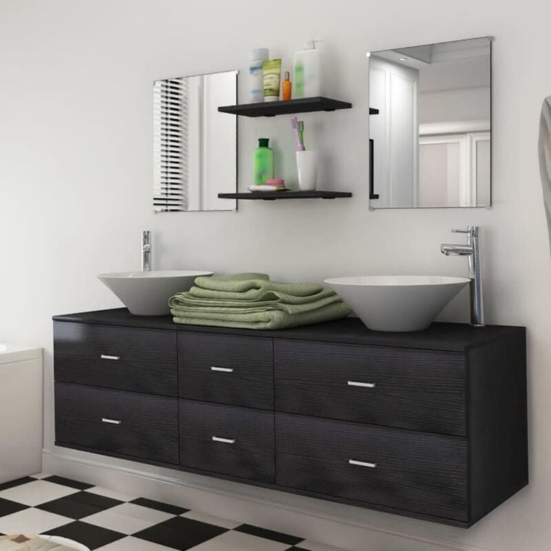 Set muebles para baño con lavabo y grifo 9 uds Negro