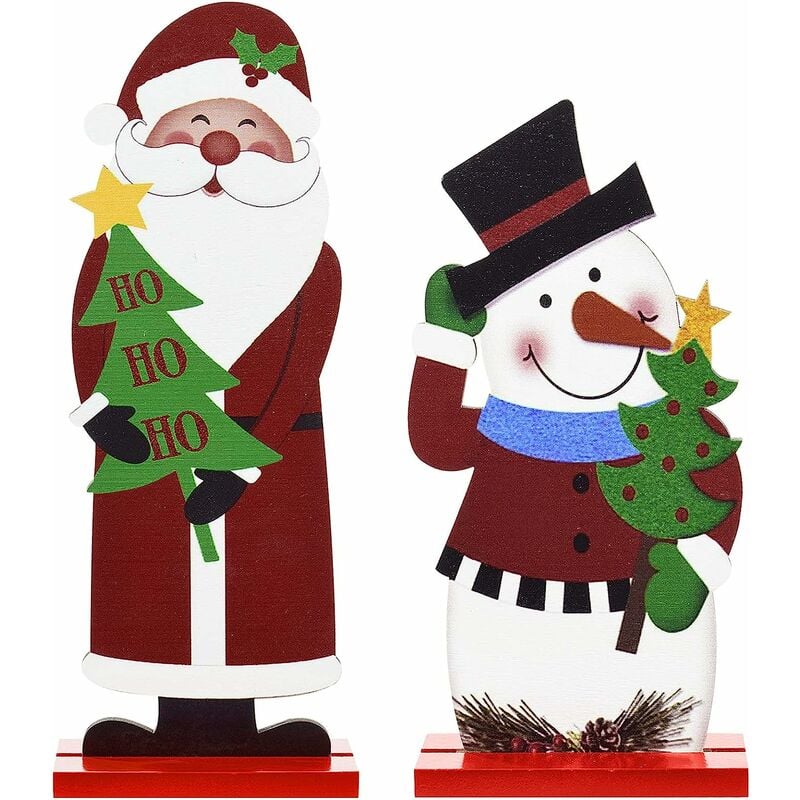 2 uds decoraciones de mesa de Navidad de madera Santa Claus Reno doble cara Beige muñeco de nieve decoración de fiesta en casa