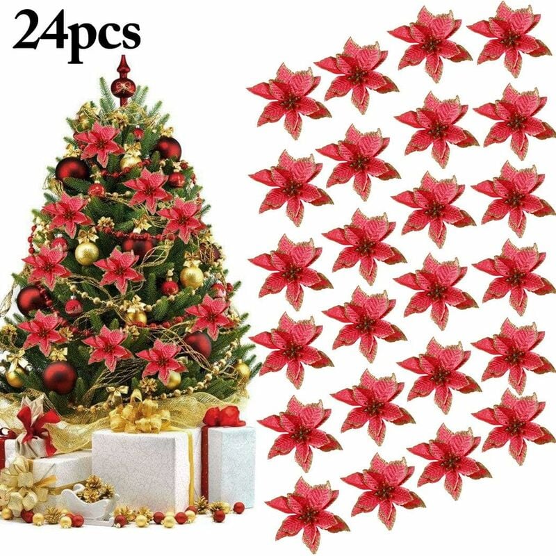 Decoración del árbol de Navidad, 24 piezas Juego de adornos para el árbol de Navidad Decoración navideña Brillo Flores artificiales de Navidad para la fiesta de bodas Decoraciones navideñas