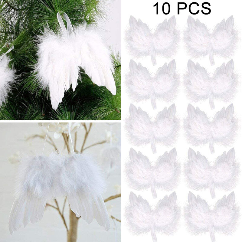 10 piezas Mini alas de plumas de ángel guardián, decoración de adorno colgante de árbol de Navidad para decoración de fiesta y boda