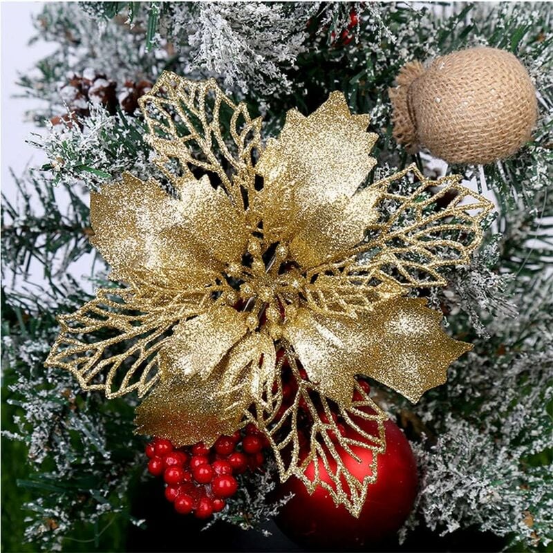 12 piezas DIY colgantes de árbol de Navidad flores de Navidad decoraciones colgantes para árbol de Navidad y decoraciones de fiesta decoración de árbol de Navidad (oro)