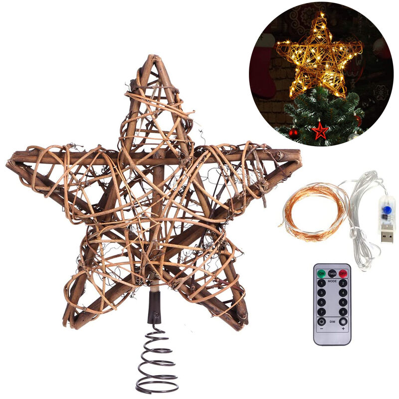 Adorno para árbol de Navidad con 30 luces LED de cobre blanco cálido, adornos navideños de ratán vintage natural para árbol de Navidad, mesa, chimenea, paquete de