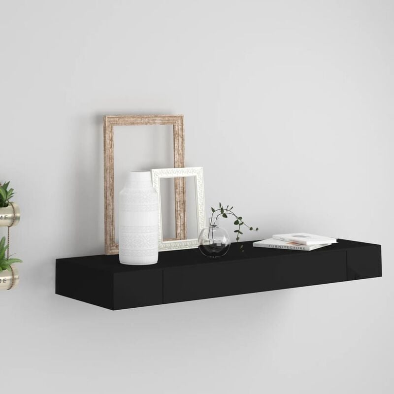 Estante de pared flotante con cajón negro 80x25x8 cm