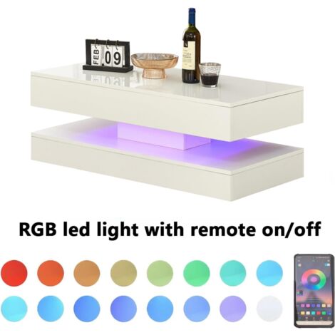 AINPECCA High Gloss Coffee Table with 2 Drawers Rectangle Sofa Table with RGB LED Light Living Room