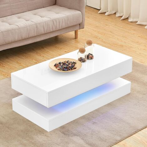 AINPECCA High Gloss Coffee Table with 2 Drawers Rectangle Sofa Table with RGB LED Light Living Room