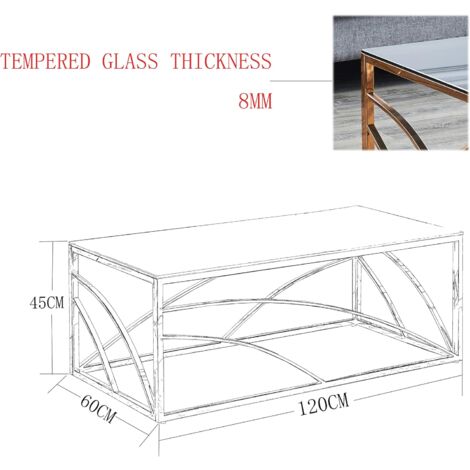 AINPECCA Stainless Steel Rectangular Glass Coffee Table Tea Table for Living Room- 120CM Modern Sleek Accent Center Table Lounge Table with Black Grey Tempered Glass(Gold)