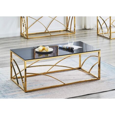 AINPECCA Stainless Steel Rectangular Glass Coffee Table Tea Table for Living Room- 120CM Modern Sleek Accent Center Table Lounge Table with Black Grey Tempered Glass(Gold)