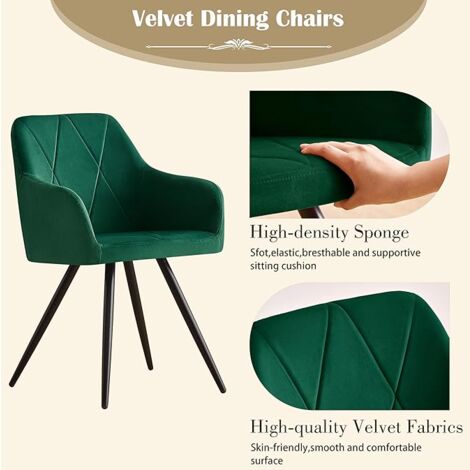 AINPECCA 2X Dining Chairs Set Faux Suede Leather/Velvet Padded Metal Legs Armchair Home,GREEN