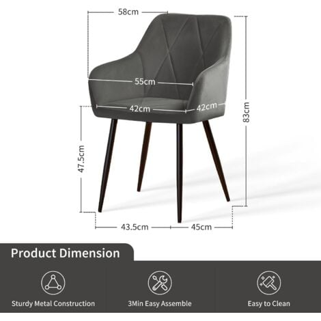 AINPECCA 2X Dining Chairs Set Faux Suede Leather/Velvet Padded Metal Legs Armchair Home,GREY
