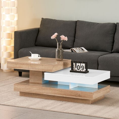 AINPECCA Coffee Table w LED Lights Rotating Modern High Gloss Rectangle Table White Oak