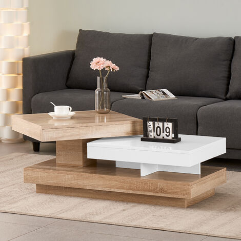 AINPECCA Coffee Table w/LED Lights Rotating Modern High Gloss Rectangle Table White Oak