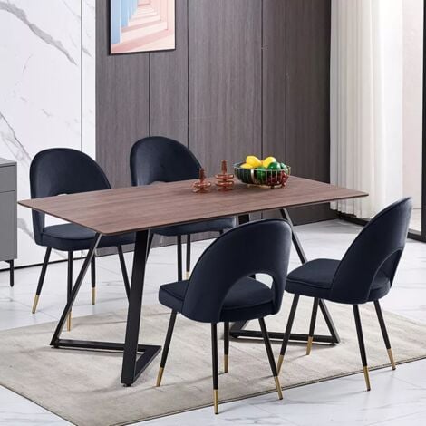 AINPECCA 150cm Dining Table and Chair Set Brown - 4x Black Velvet Dining Chairs & Wooden Dining Table