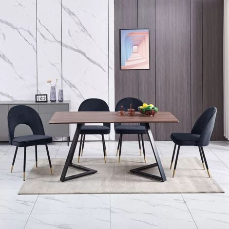 AINPECCA 150cm Dining Table and Chair Set Brown - 4x Black Velvet Dining Chairs & Wooden Dining Table