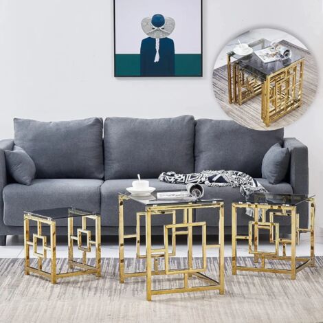 AINPECCA Nest of 3 Tables Coffee Table 3 Set Unit Clear Tempered Glass Table Top Side End coffee table(Blue-gray glass+gold legs)