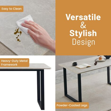 AINPECCA 150cm Dining Table- Rectangle Marble Effect Beige Top with U Shape Metal Black Legs for 4-6 Seaters Home Kitchen