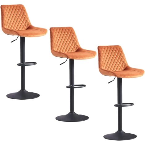 AINPECCA Velvet Orange Bar Stools Set of 3 Modern Swivel Height Adjustable Barstools with Black Metal, Armless Large Padded Cushion Breakfast Counter Chairs for Kitchen Island, Pub, Restaurant, Café