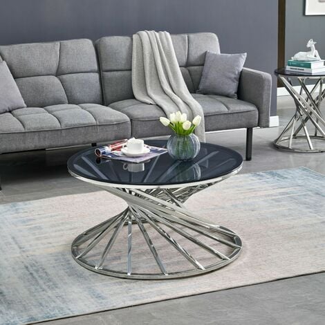 AINPECCA 80CM Round Sofa Side Table With Tempered Glass Silver Stainless Steel Frame