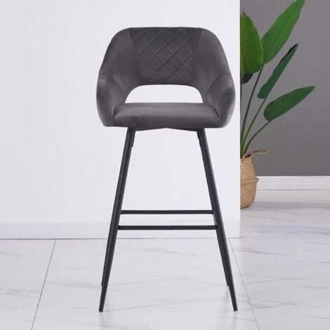 AINPECCA 2pcs Grey Bar Stool Velvet Seat w/Backrest &Armrest Metal Leg Kitchen Breakfast
