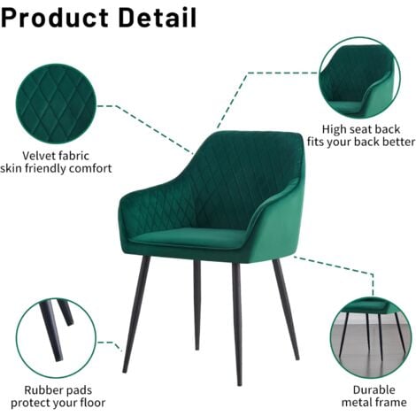 AINPECCA Set of 2 Velvet Dining Chairs Green Upholstered Seat with Metal Legs Living Room(Green,2)