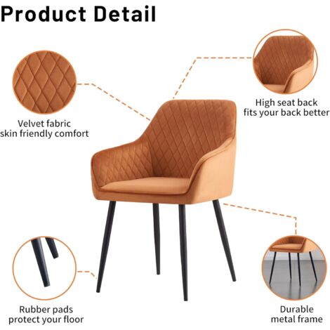 AINPECCA Set of 2 Velvet Dining Chairs Orange Upholstered Seat with Metal Legs Living Room(Orange,2)