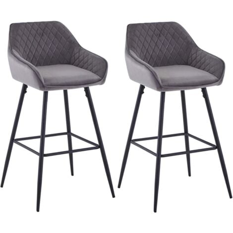 AINPECCA 2X Velvet Barstools Fabric Upholstered seat with Backrest Armrest Black Metal Legs Kitchen Breakfast Counter Chairs Grey