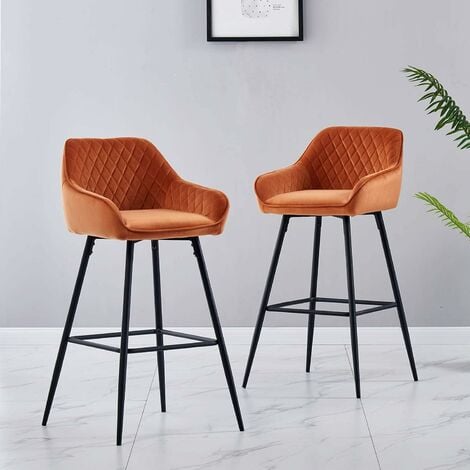 AINPECCA 2X Orange Breakfast Bar Stools Velvet Padded Seat Kitchen Pub Bar Chairs Home UK