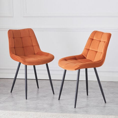 AINPECCA 2x Dining Chairs Velvet Padded Seat Metal Legs Kitchen Chair Home Office Orange