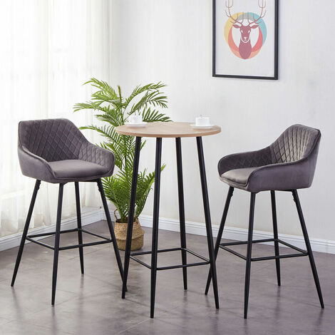AINPECCA 1X Velvet Barstools Fabric Upholstered seat with Backrest Armrest Black Metal Legs Kitchen Breakfast Counter Chairs Grey