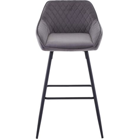 AINPECCA 1X Velvet Barstools Fabric Upholstered seat with Backrest Armrest Black Metal Legs Kitchen Breakfast Counter Chairs Grey