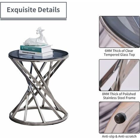 AINPECCA Round Sofa Side Table End Table Stainless Steel with Dark Grey Tempered Glass Design Living Room (silver)